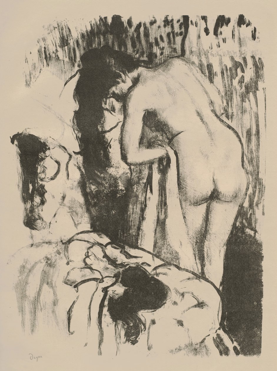 Nøgen kvinde stående, tørrer sig selv, ca. 1891-92 (litho på vævet papir) af Edgar Degas