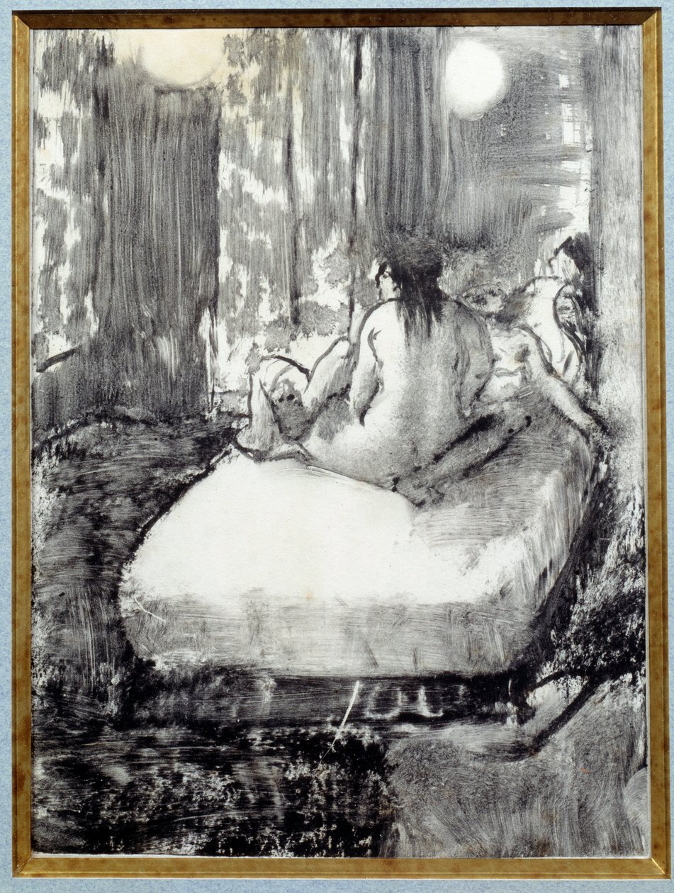 På sengen Monotype i sort blæk på kinesisk papir af Edgar Degas af Edgar Degas
