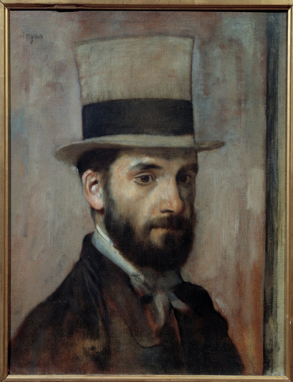 Portræt af Leon Joseph Florentin Bonnat (1833-1922) Maleren bærer en høj hat. Maleri af Edgar Degas (1834-1917) 1863 søn. 0,43x0,36 m Bayonne, Musee Bonnat - Portræt af Leon Joseph Florentin Bonnat (1833-1922). Kunstneren bærer en høj hat. Maleri b af Edgar Degas