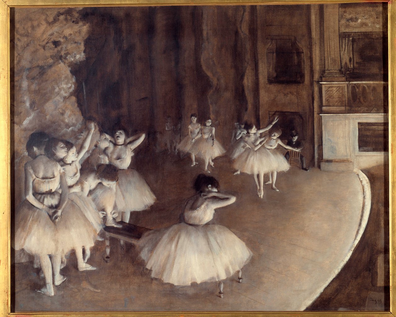 Gentagelse af en ballet på scenen Maleri af Edgar Degas (1834-1917). 1874. Dim. 0,65x0,81 m. Paris, Musee d