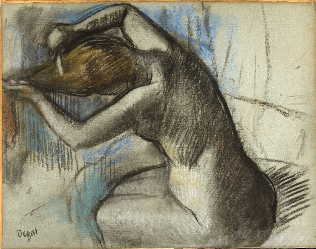 Siddende nøgen kvinde, der børster sit hår, ca. 1885 (kul og pastel på blåt papir) af Edgar Degas