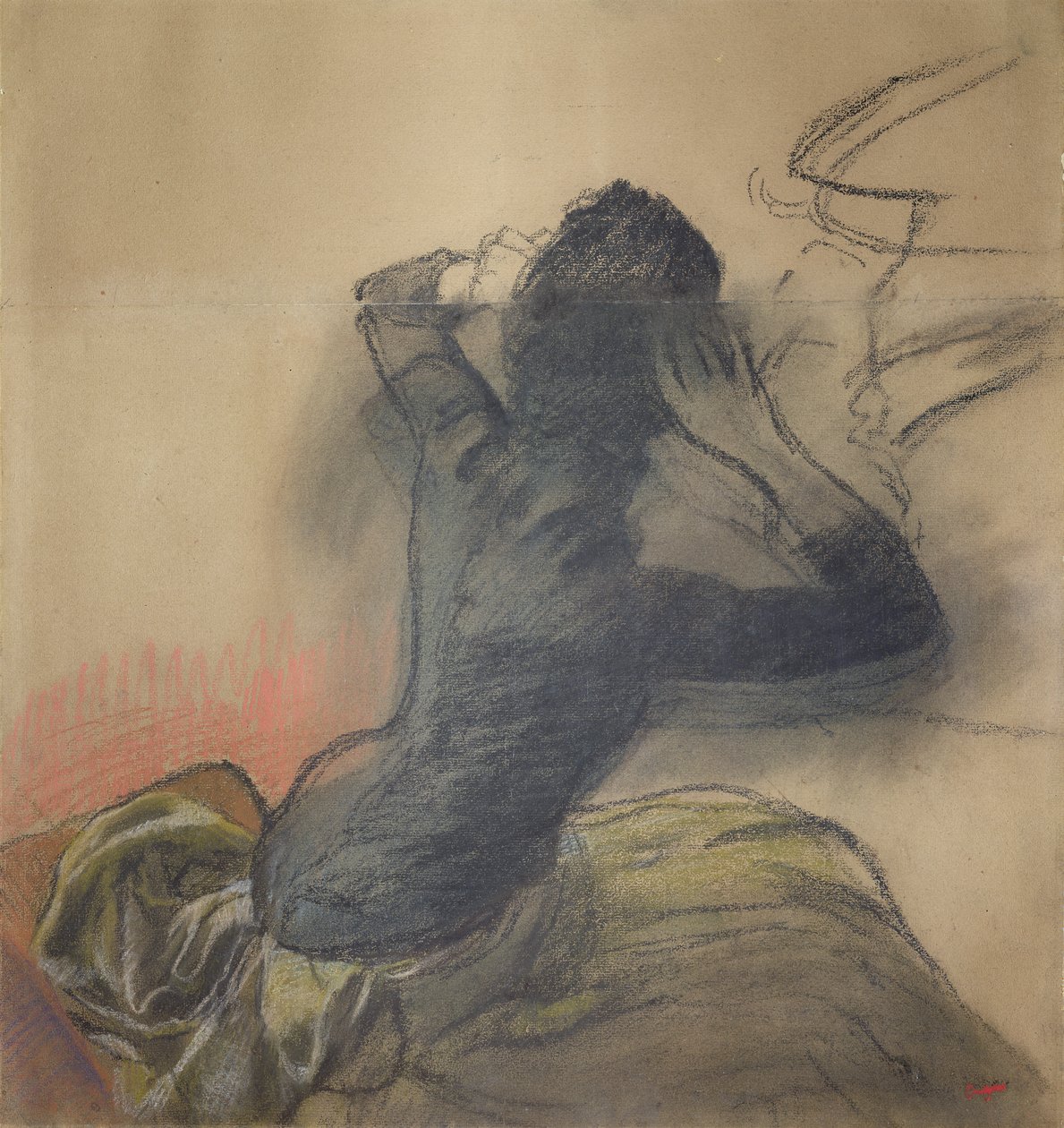 Siddende kvinde justerer sit hår, ca. 1884 (kridt og pastel på papir) af Edgar Degas