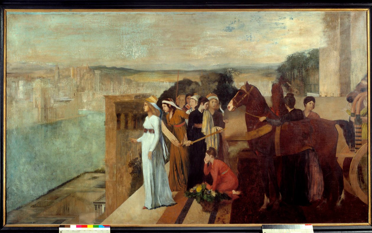 Semiramis bygger Babylon Semiramis (Semiramide), den legendariske dronning af Assyrien og Babylonien, overvejer på Eufrats bredder byen, der vil blive et af verdens syv vidundere. Maleri af Edgar Degas (1834-1917) 1861 søn. 1,51x2,58 af Edgar Degas