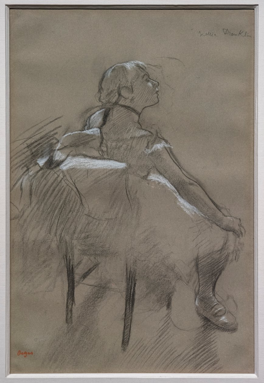 Siddende danser (Nelly Frankly). Omkring 1880. Trækul hævet med hvidt kridt på papir. Særlig samling. af Edgar Degas