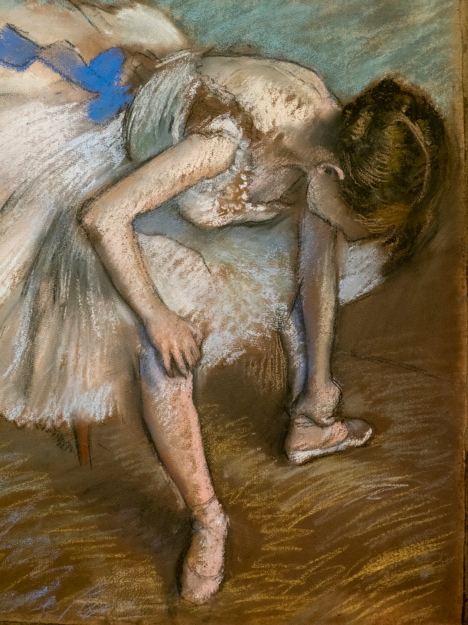 Siddende danser masserer foden (detalje). 1881-1883. Pastel på brunt papir limer på pap. af Edgar Degas