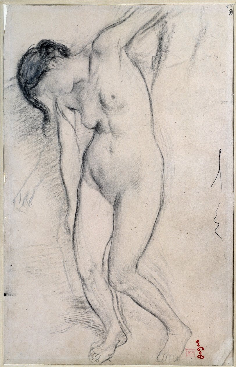 Studie af nøgen kvinde, der står for "scene de guerre au mid age"". Tegning af Edgar Degas (1834-1917), omkring 1863-1865. Dimension: 0,35 X 0,22 m. Paris, Musee d