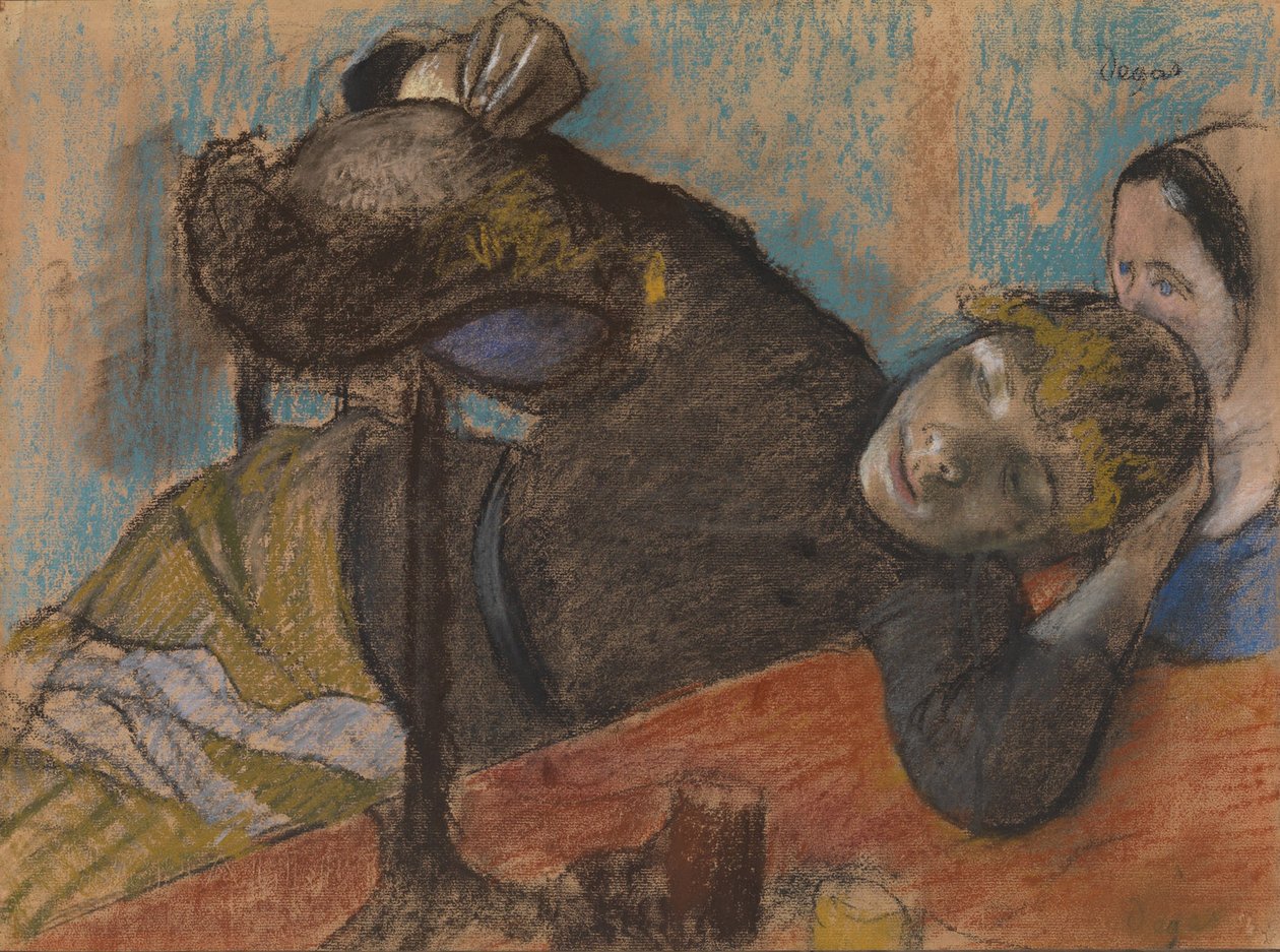 The Milliner, ca.1882 (pastel og kul på varmt gråt papir på mørkebrunt papir) af Edgar Degas