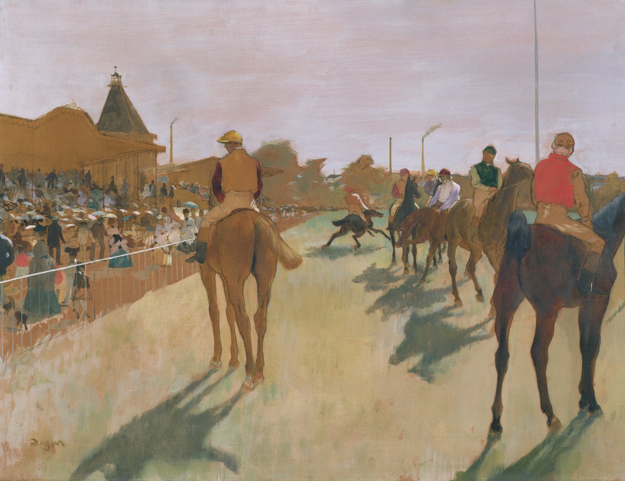 Paraden eller væddeløbshestene foran tribunerne, ca.1866-68 (olie på papir) af Edgar Degas