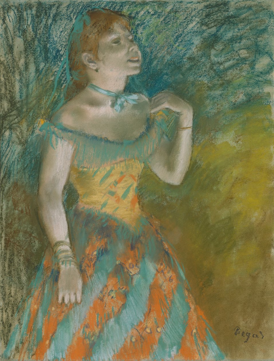 Sangeren i grønt, ca. 1884 (pastel på lyseblåt lagt papir) af Edgar Degas
