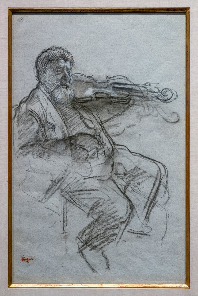 Violinisten. 1879. Trækul og hvide kridtfremhævninger på blågråt papir. Boston, Museum of Fine Arts, William Francis Warden Fund. af Edgar Degas