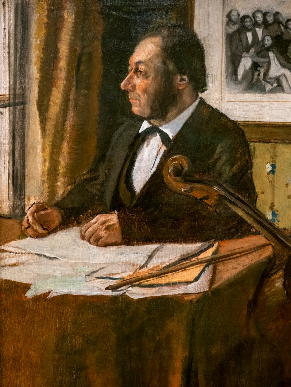 Cellisten Louis-Marie Pilet (detaljer). Omkring 1868-1869. Olie på lærred. af Edgar Degas