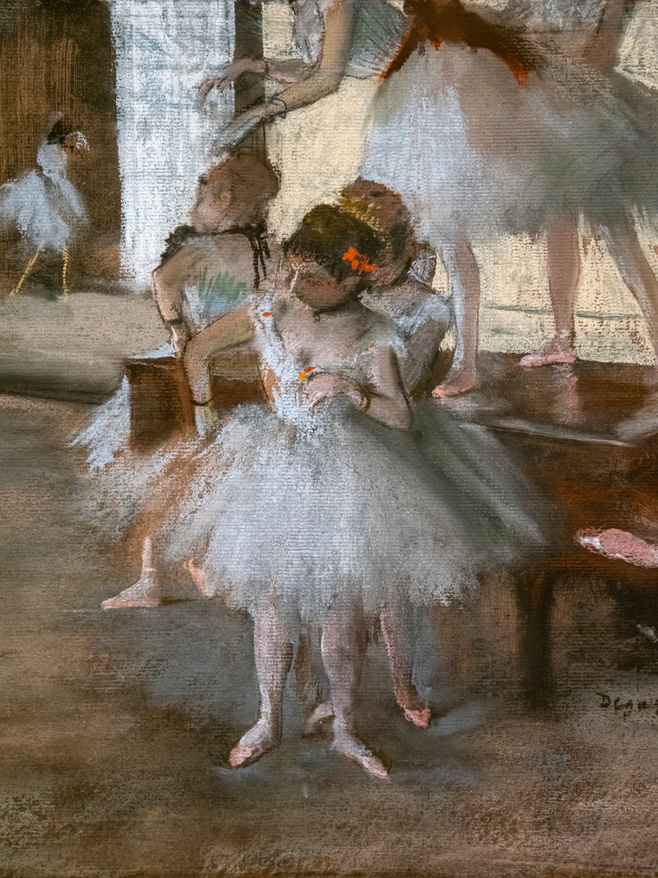 Dansetimen (detalje). Omkring 1876. Pastel på papir limet på pap. af Edgar Degas