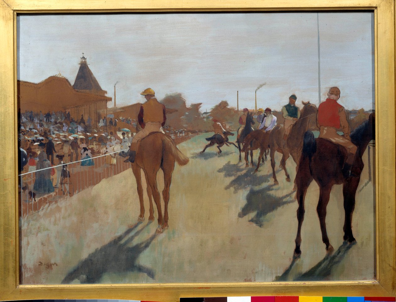 Besmittet siger "" væddeløbsheste foran tribunerne"" Maleri af Edgar Degas (1834-1917) 1866-1868. Svag. 0,46 x 0,61 m. Paris, Musee d