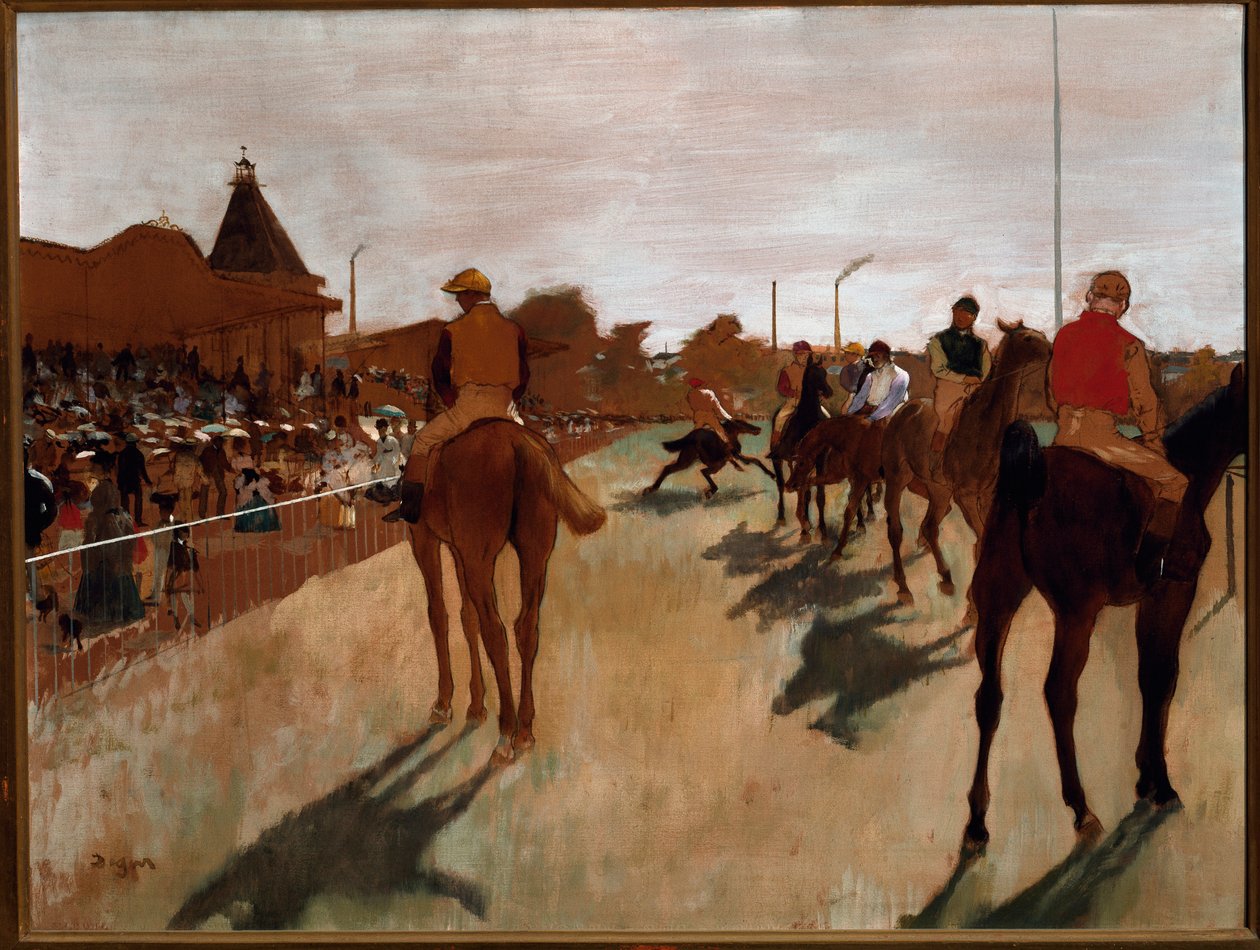 Paraden eller racerhestene foran tribunerne (olie på lærred af Edgar Degas