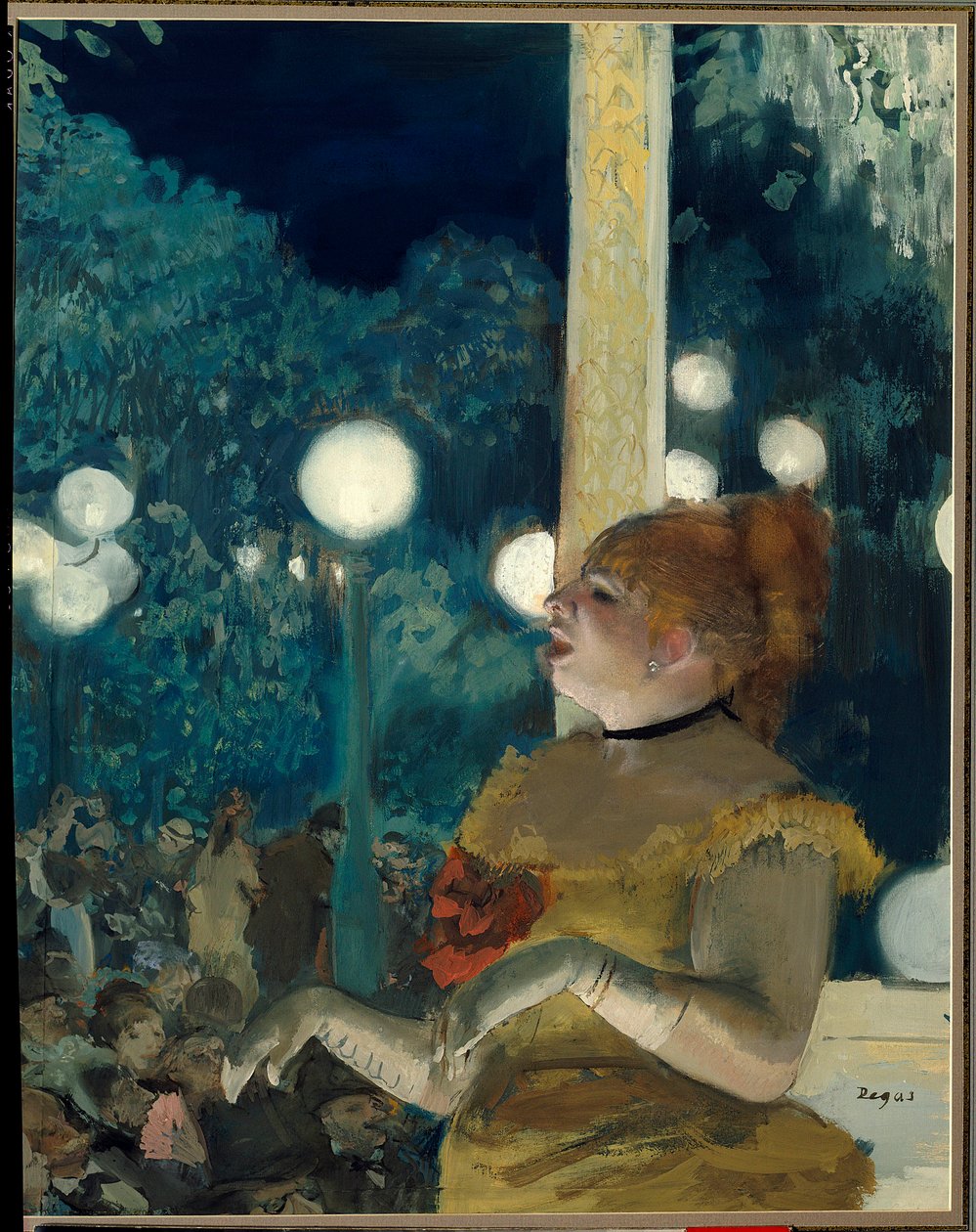 Hundens sang (Emma Valladon kaldet Theresa (1837-1913) ved cafekoncerten) Maleri af Edgar Degas (1834-1917), gouache og pastel, 57,5 cm x 45 cm af Edgar Degas