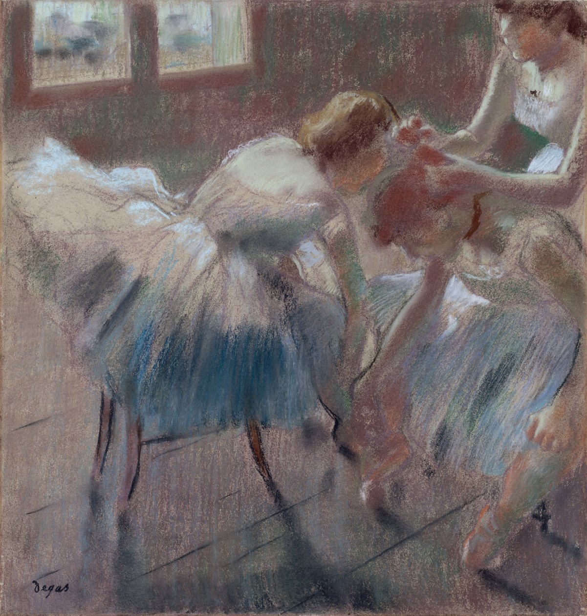 Tre dansere forbereder sig til undervisning, ca. 1880 (pastel på gulfarvet vævet papir) af Edgar Degas