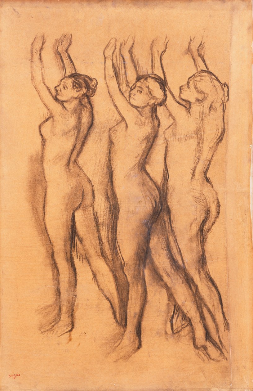 Tre dansere i bodysuits, med løftede arme, af Edgar Degas
