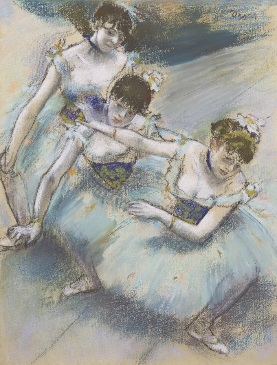 Tre dansere i en diagonal linje på scenen, ca. 1882 (pastel) af Edgar Degas