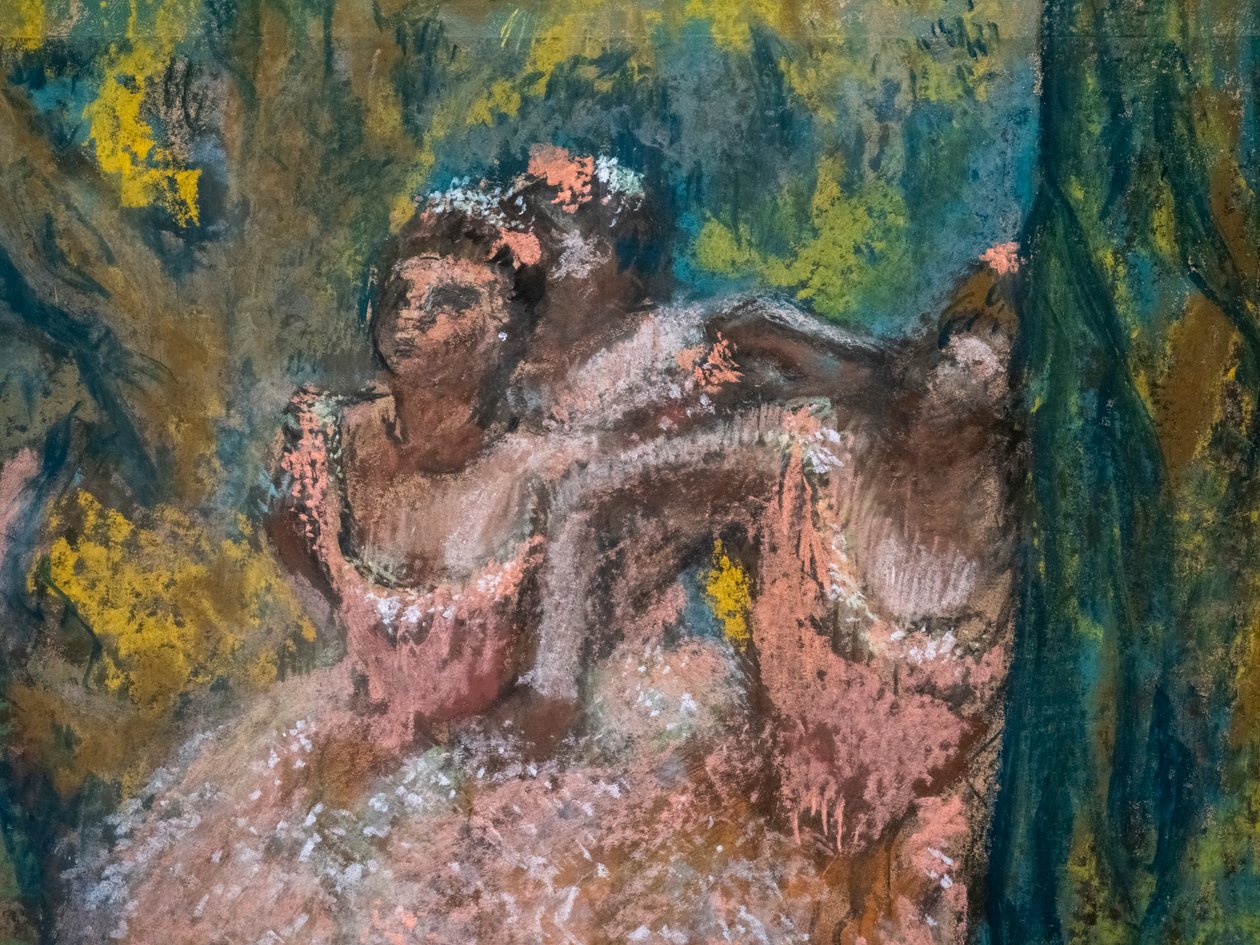 Tre dansere i lakseskørter (detalje). 1904-1906. Pastel på marouflepapir på pap. af Edgar Degas
