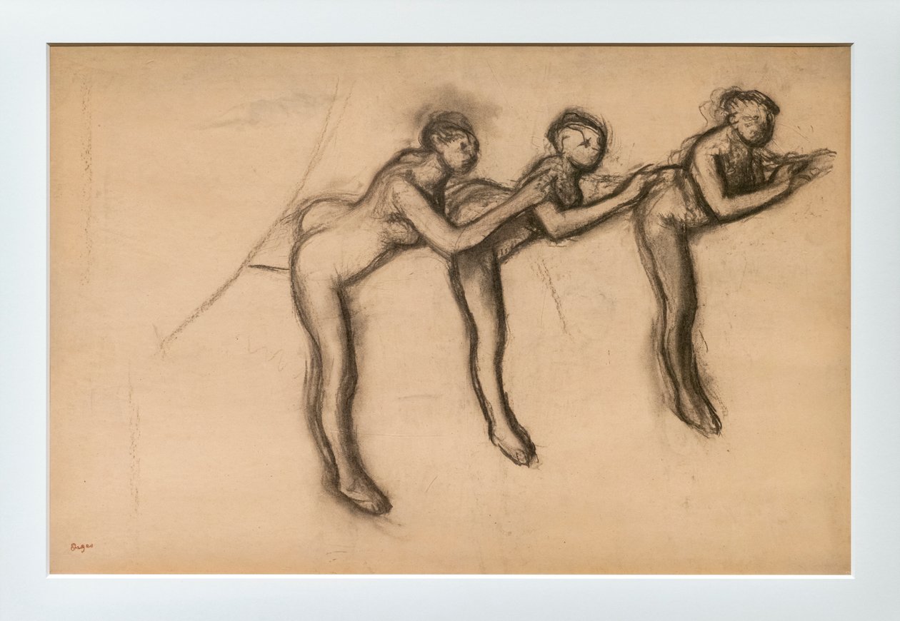 Tre nøgne dansere i arabesk. Omkring 1892-1895. Trækul på papir limer på pap. af Edgar Degas