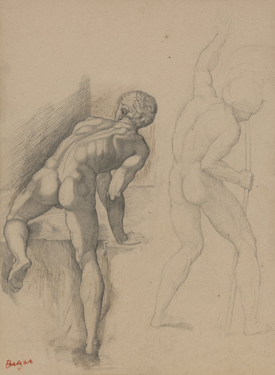 To nøgne mænd, 1856-57 (grafitblyant på mørkt cremepapir) af Edgar Degas