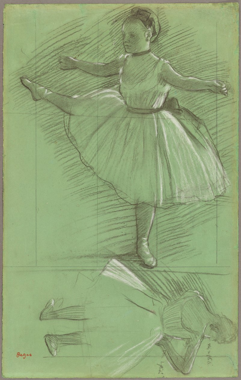To studier af dansere, ca. 1873 (sort og hvidt kridt på grønt papir) af Edgar Degas