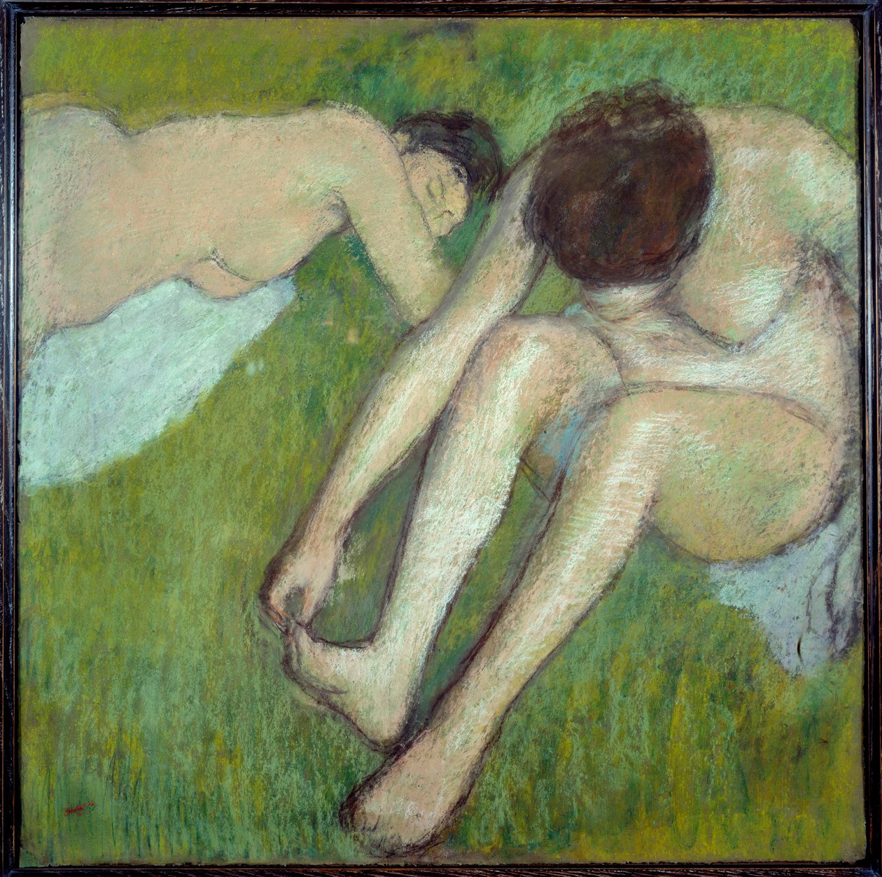 To badende på pastelgræs på brunt papir af Edgar Degas (1834-1917) 1890 Søn. 0,7x0,7 m Paris, Musee d