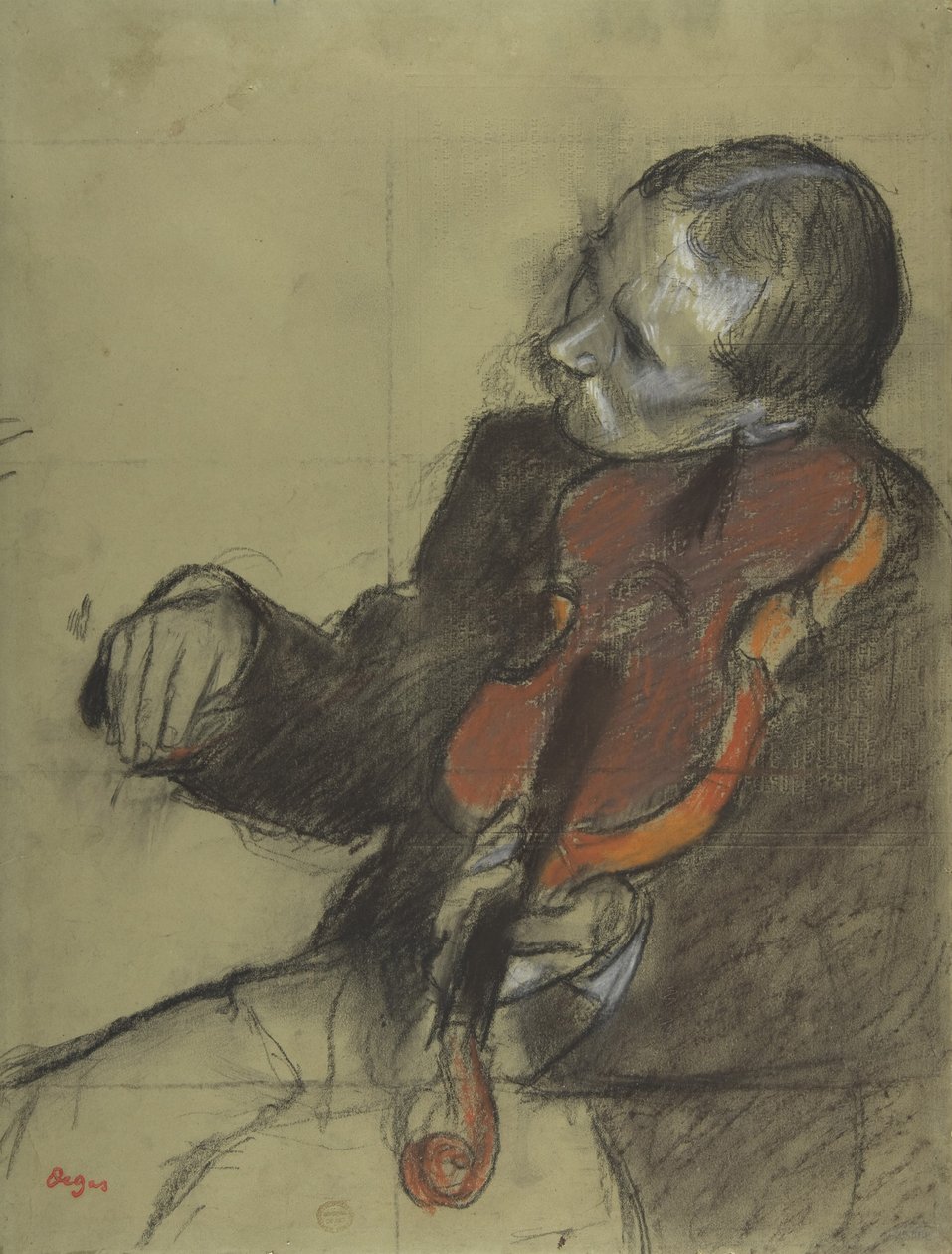 Violinist, Study for The Dance Lesson, 1878-79 (pastel og trækul på grønt vævet papir) af Edgar Degas