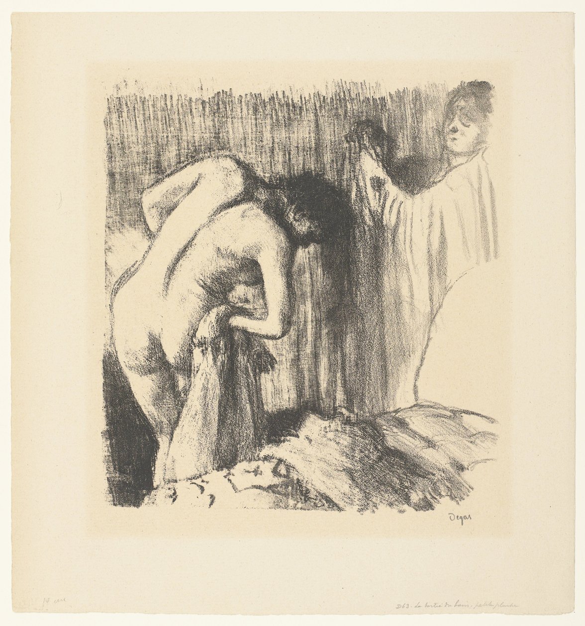 Kvinde tørrer af efter sit bad og får tøj fra kvinde La Sortie du bain af Edgar Degas