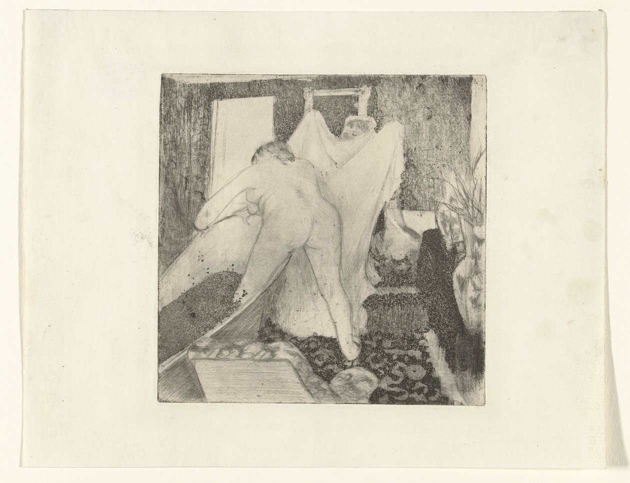 Kvinde kommer ud af badet og får håndklæde af kvinden La Sortie du Bain af Edgar Degas