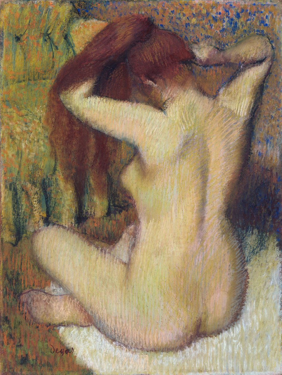 Kvinde kæmmer sit hår, ca. 1888-90 (pastel på lysegrønt vævet papir fastgjort til montering) af Edgar Degas