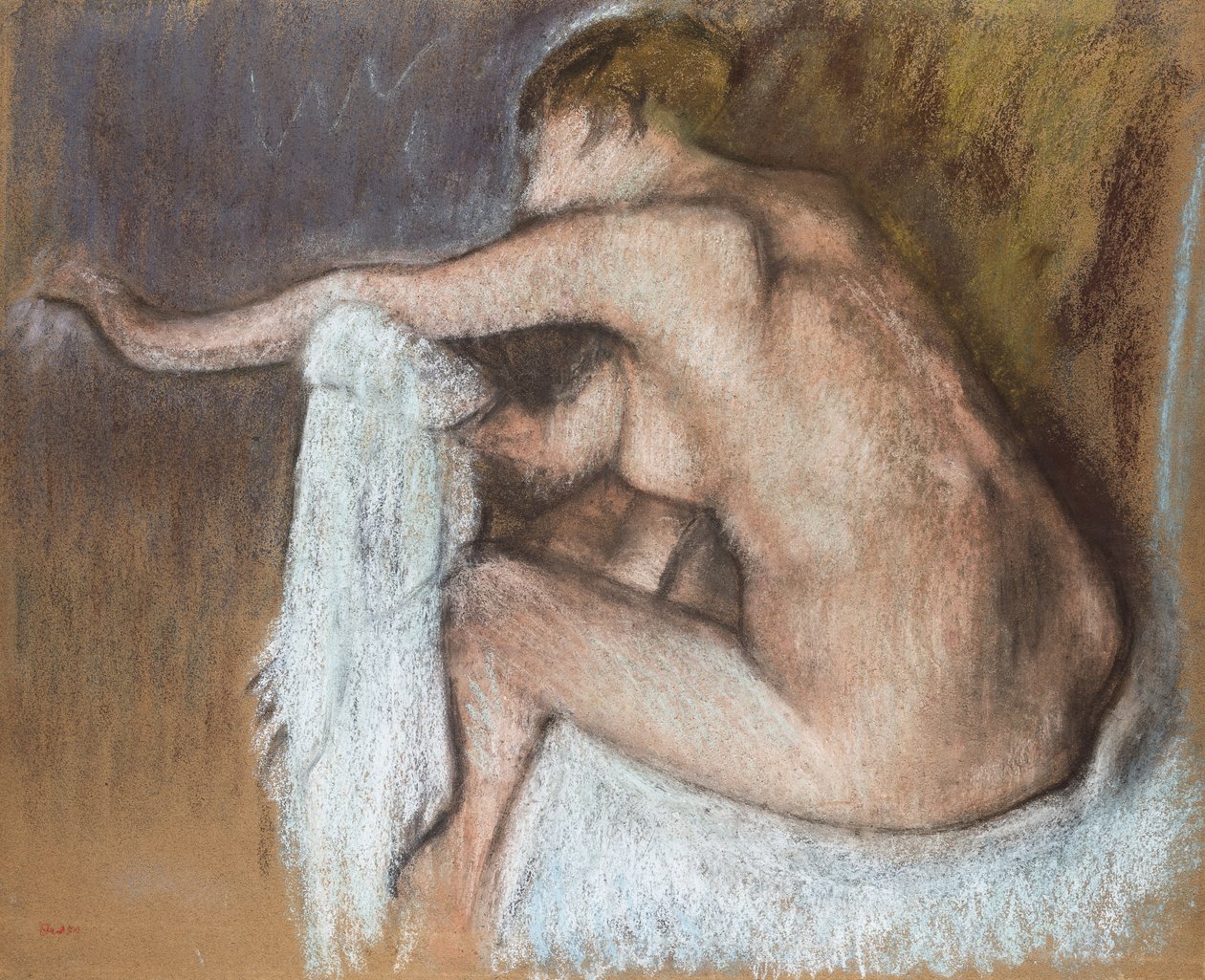 Kvinde tørrer sin arm, ca. 1884 (pastel på gulfarvet papir) af Edgar Degas