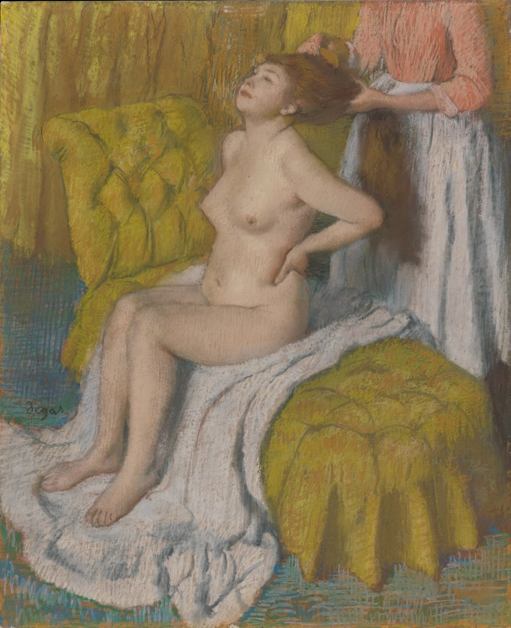 Kvinde der kæmmer sit hår, ca. 1886-88 (pastel på lysegrønt vævet papir fastgjort til pulpepladeholder) af Edgar Degas