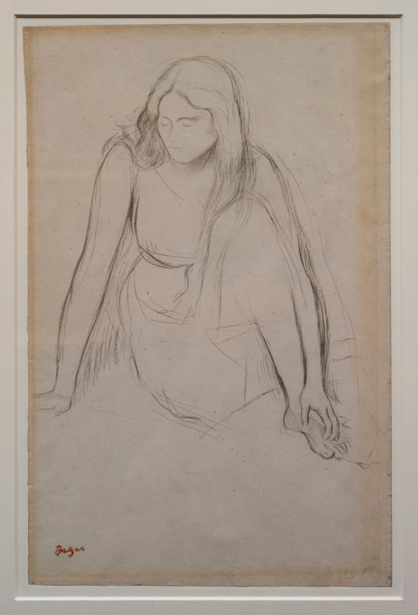 Kvinde sidder ved vandkanten. Omkring 1867-1868. Sort blyant på velinpapir. af Edgar Degas