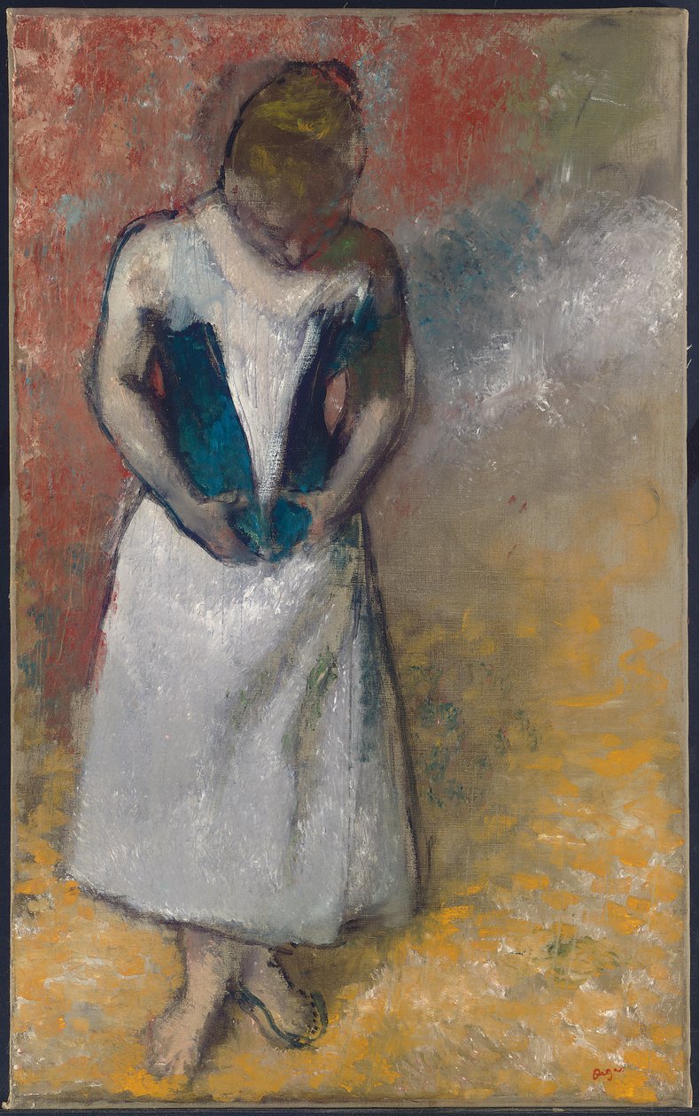 Kvinde stående forfra og spænder om sit korset, 1883 af Edgar Degas