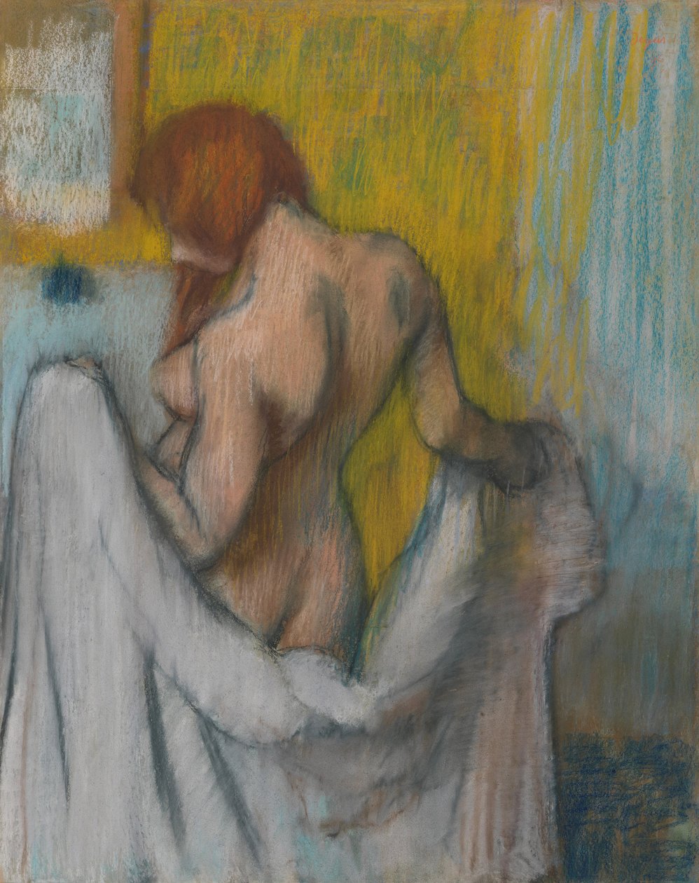 Kvinde med et håndklæde, 1894 eller 1898 (pastel på cremefarvet vævet papir med røde og blå fibre) af Edgar Degas