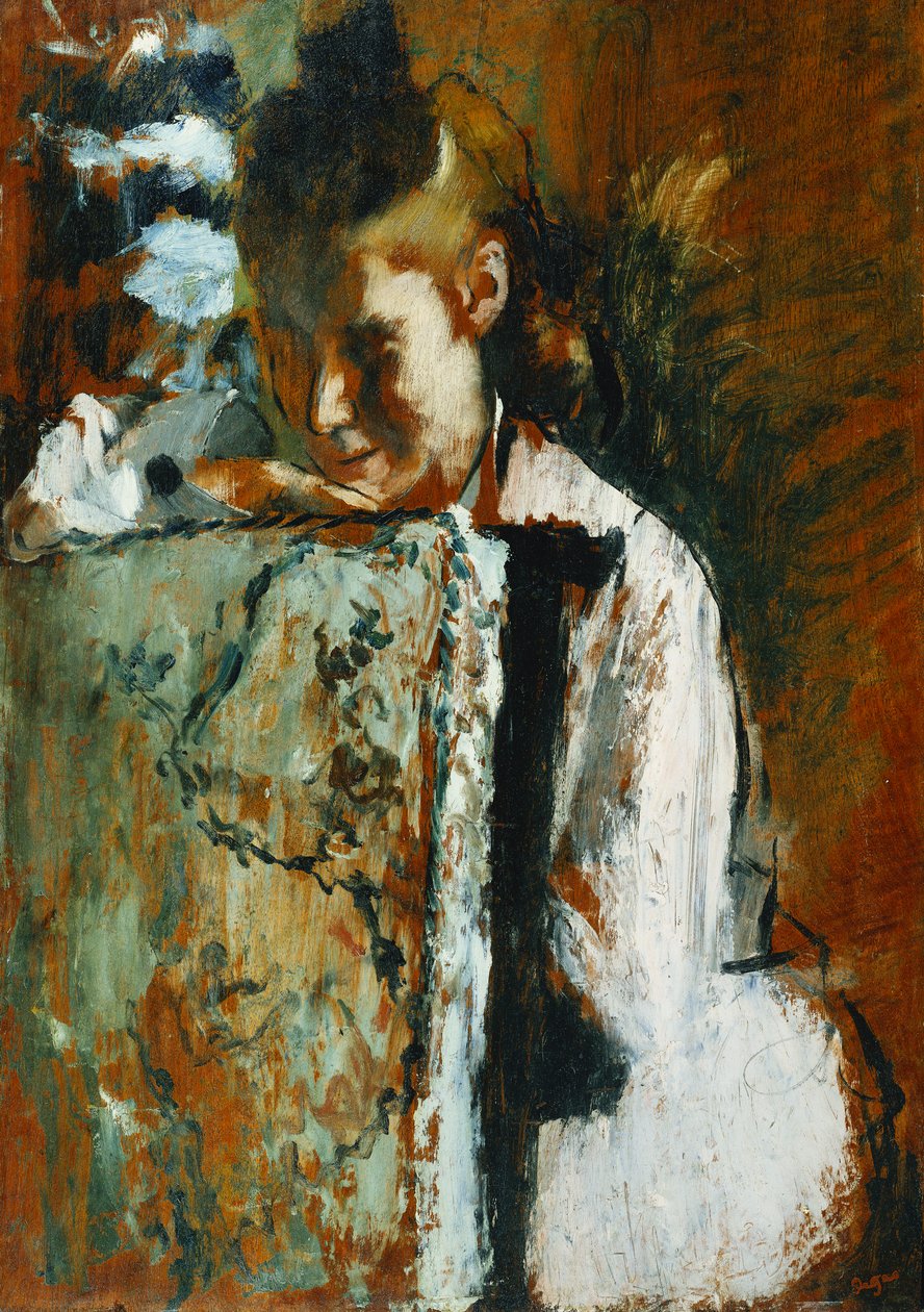 Ung pige, der sidder lænet op ad stoleryggen; Ung pige siddende lænet på ryggen af ​​en lænestol, ca. 1889 af Edgar Degas