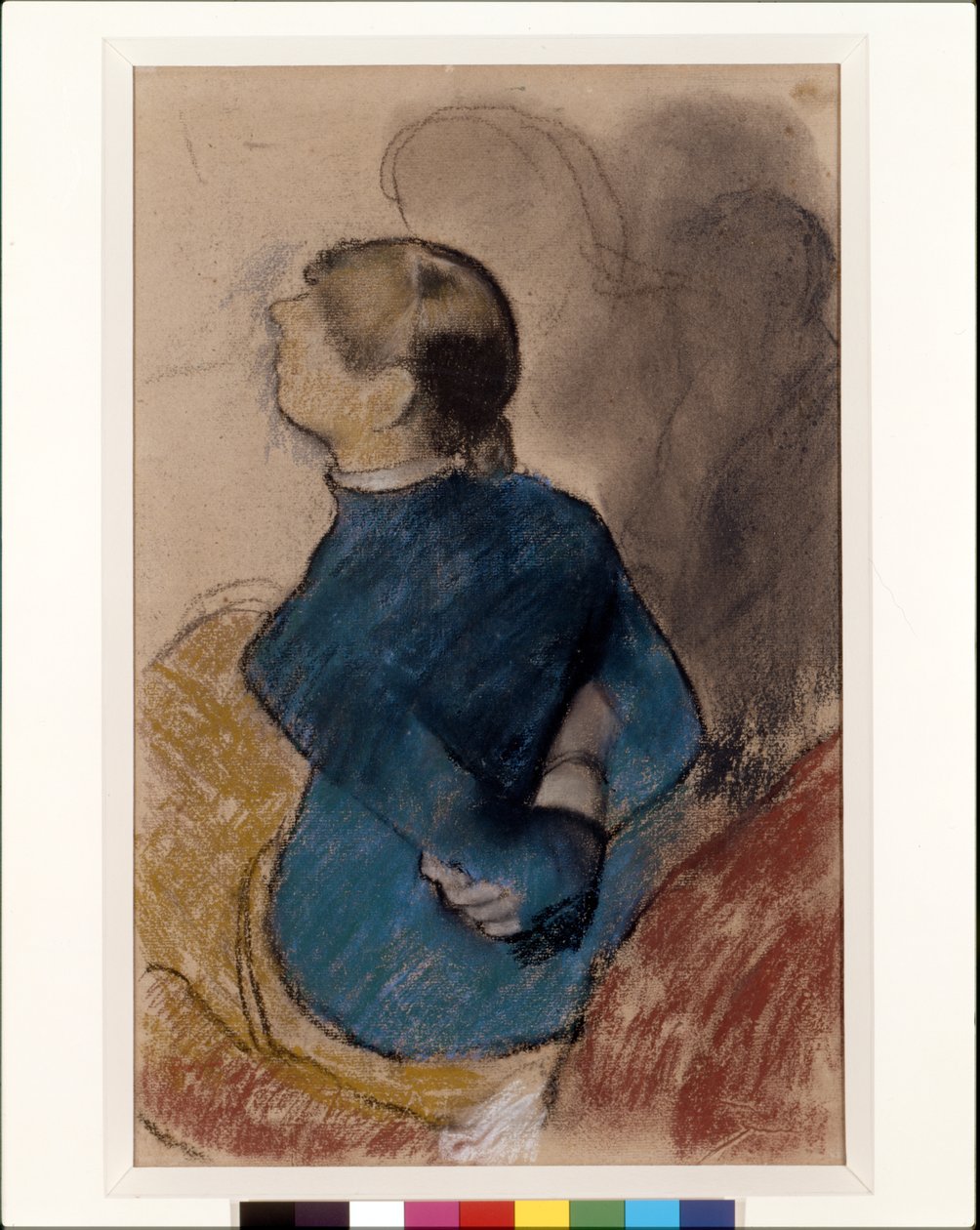 Ung kvinde i blåt (pastel over trækul på brunpapir) af Edgar Degas