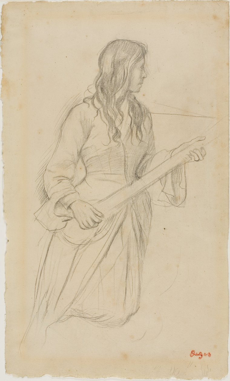 Ung kvinde, der spiller mandolin, studie til portræt af Mlle Fiocre i balletten "La Source" af Edgar Degas