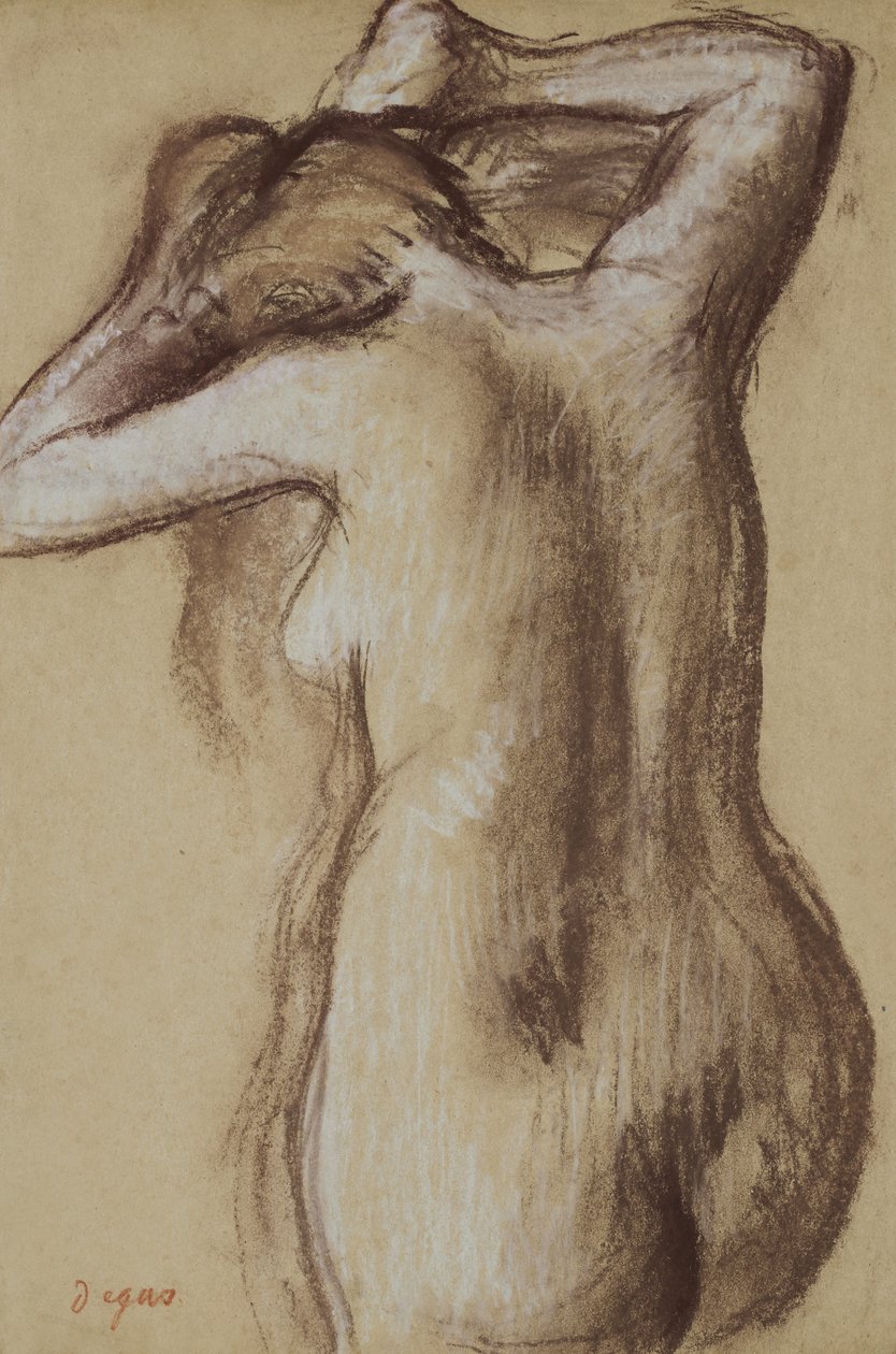 Ung nøgen kvinde kæmmer sit hår, ca. 1889-90 (pastel på papir) af Edgar Degas