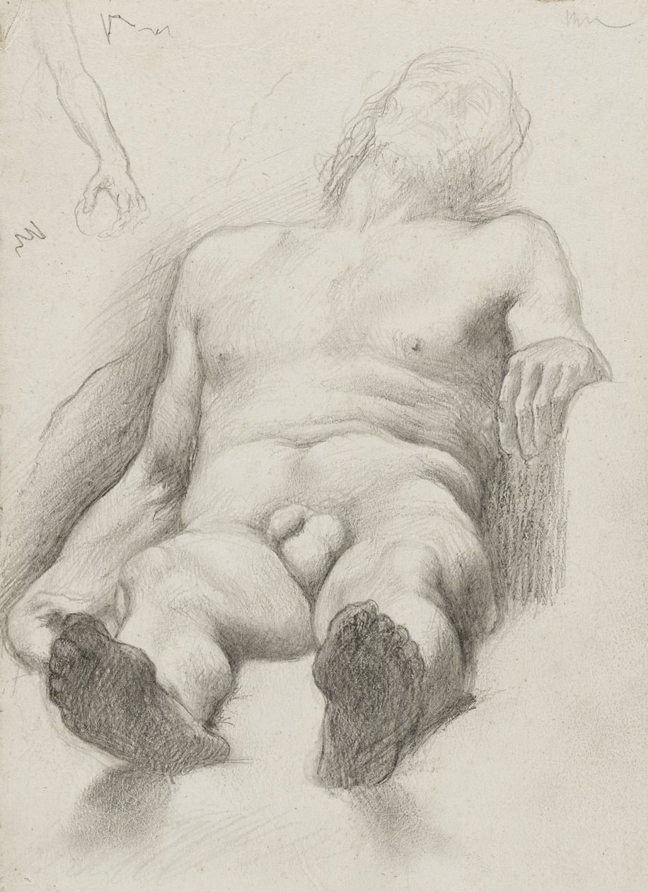 Studie - Reclining Nude Man, 1856-58 (grafit på cremefarvet papir) af Edgar Degas