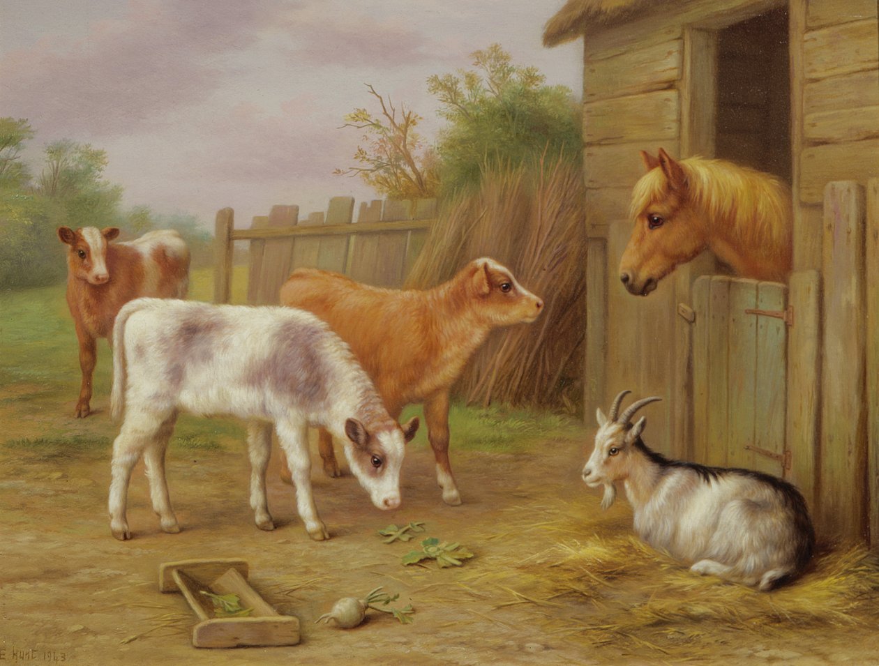 Farmyard Scene (olie på plade) af Edgar Hunt