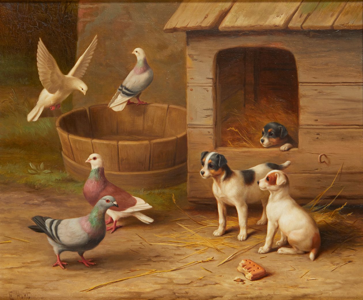 Puppies and Pigeons (olie på lærred) af Edgar Hunt