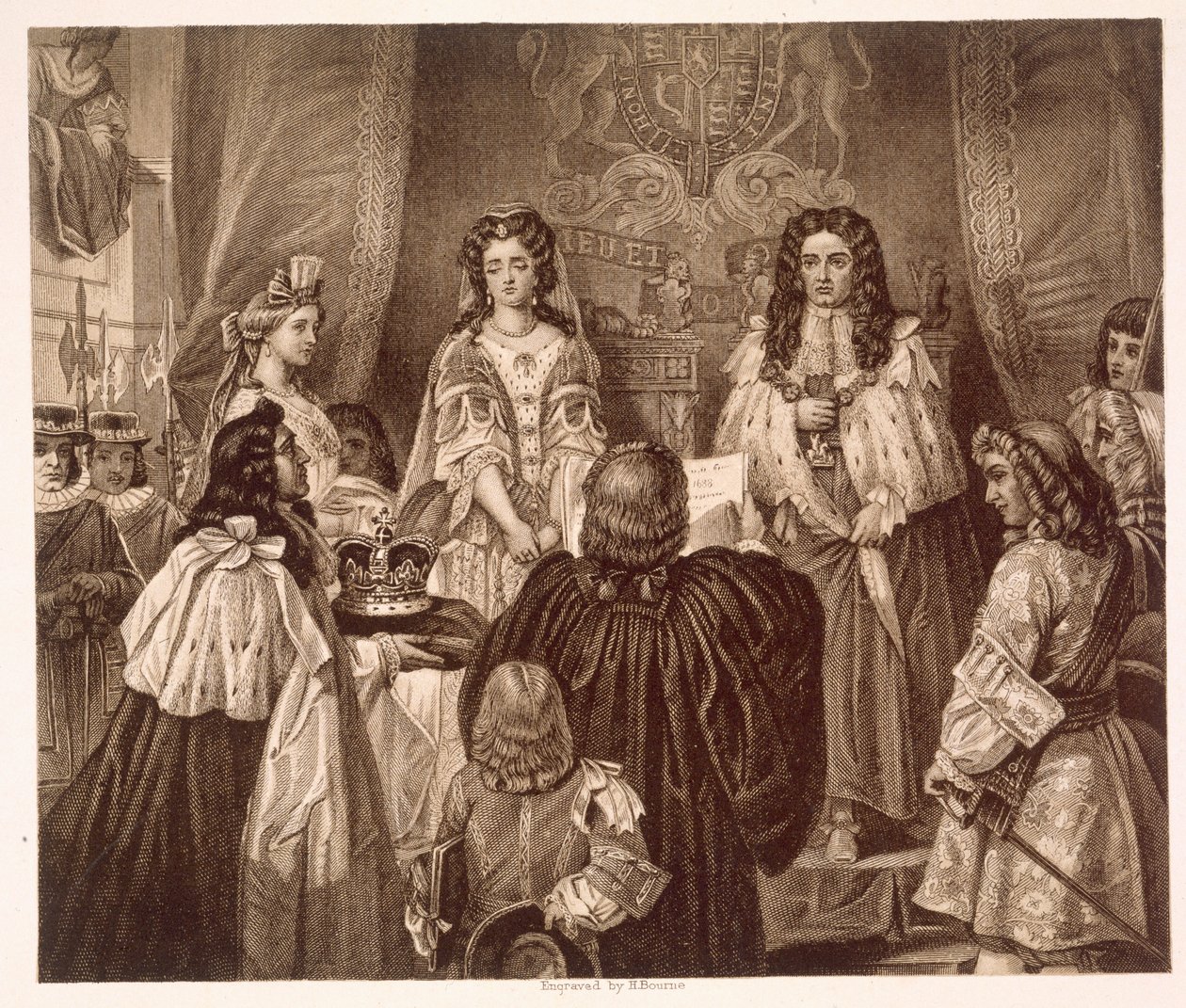 Kronen tilbudt William og Mary af Lords and Commons i Whitehall den 12. februar af Edgar Melville (after) Ward