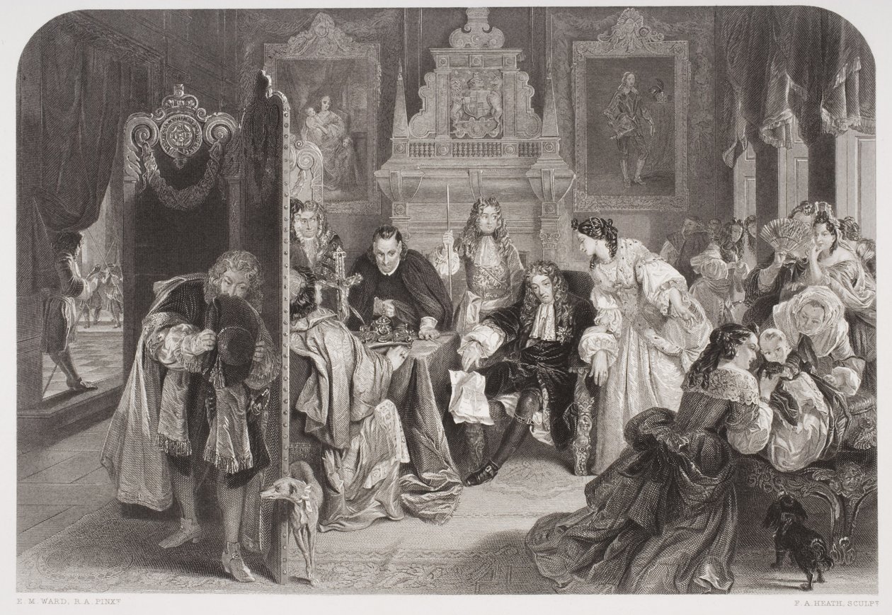 James II (1633-1701) modtog nyheder om landingen af prinsen af Orange, indgraveret af F.A. Heath af Edgar Melville Ward