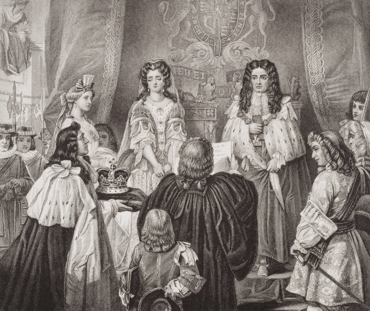 Kronen tilbudt til William og Mary af Lords and Commons i Whitehall den 12. februar 1689 fra `Illustrationer af engelsk og skotsk historie