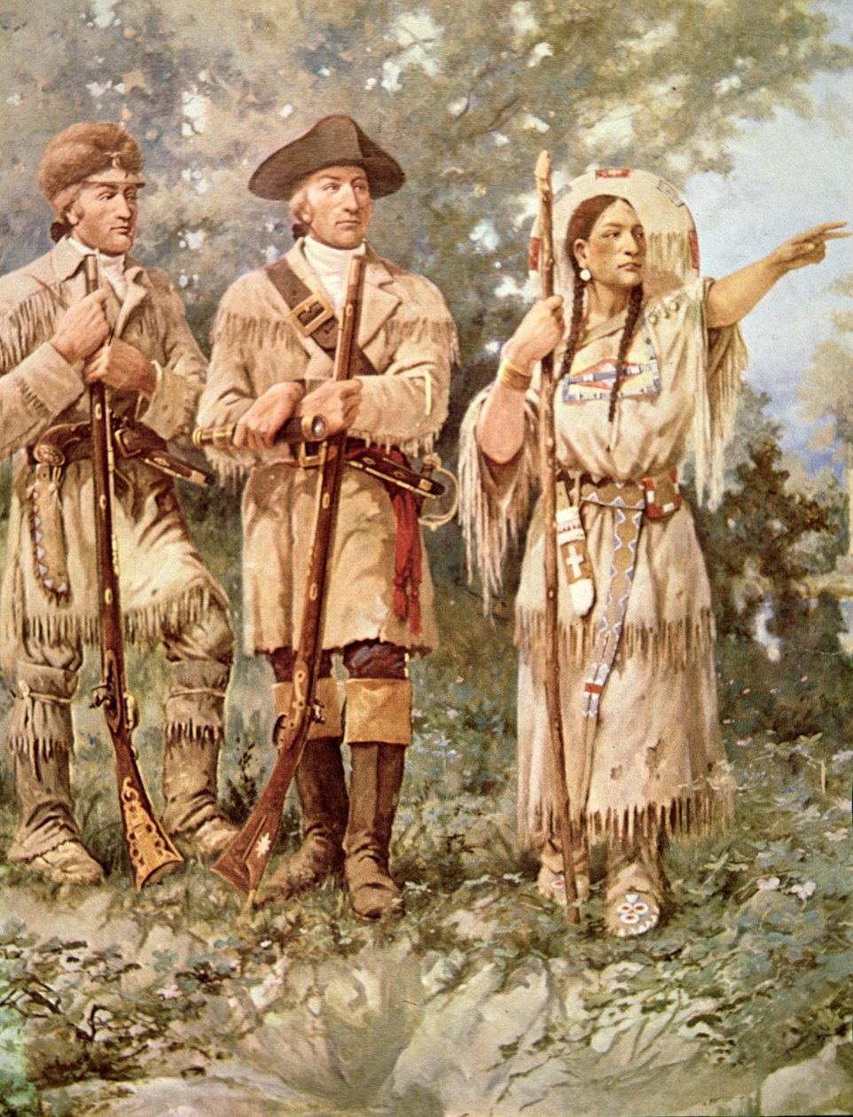 Lewis og Clark med Sacagawea (farve litho) (detalje) af Edgar Samuel Paxson