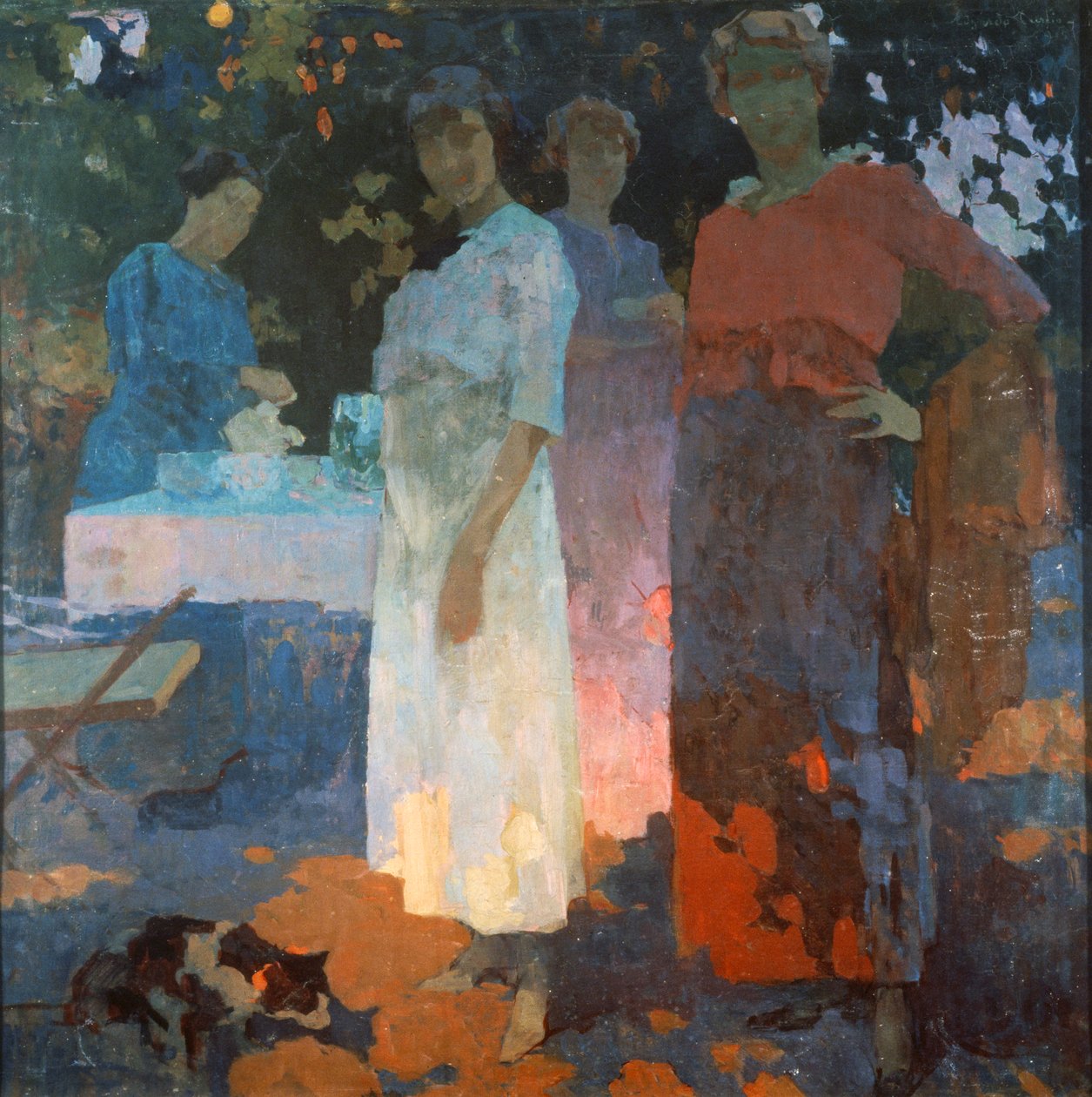 Morgenmad i haven, af Edgardo Curcio (1881-1923), olie på lærred, 82x82 cm. Italien, det 20. århundrede. af Edgardo Curcio