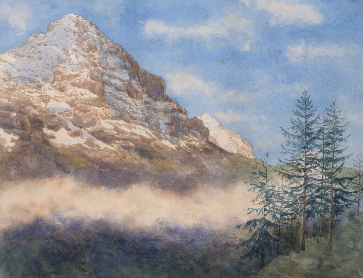 Eiger og Schneehorn (akvarel med gouache på papir) af Edith A. Paine