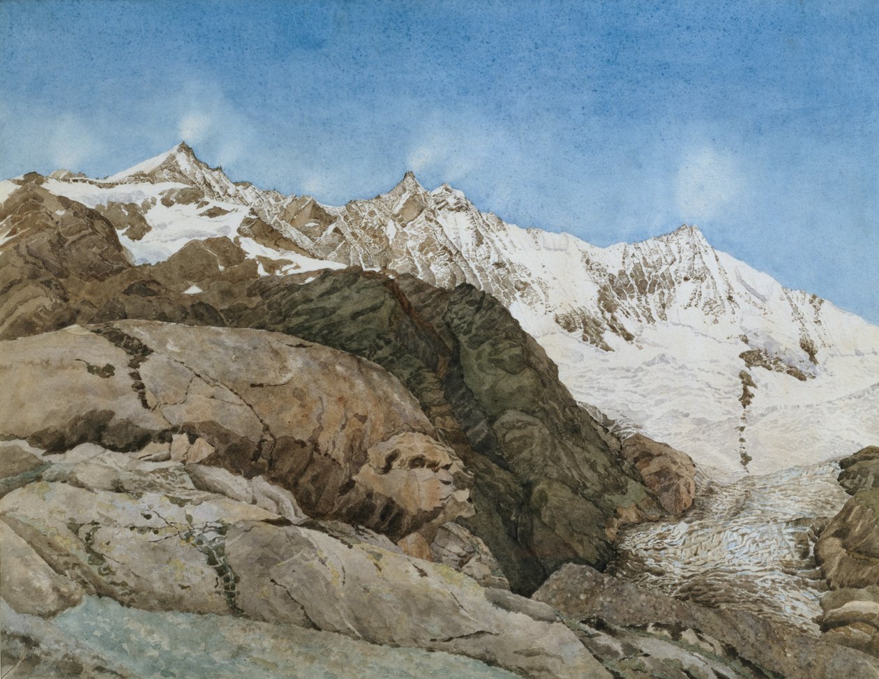 The Mischabe Horner fra Saas-Fee, Valais, Schweiz (wc med gouache på papir) af Edith A. Paine